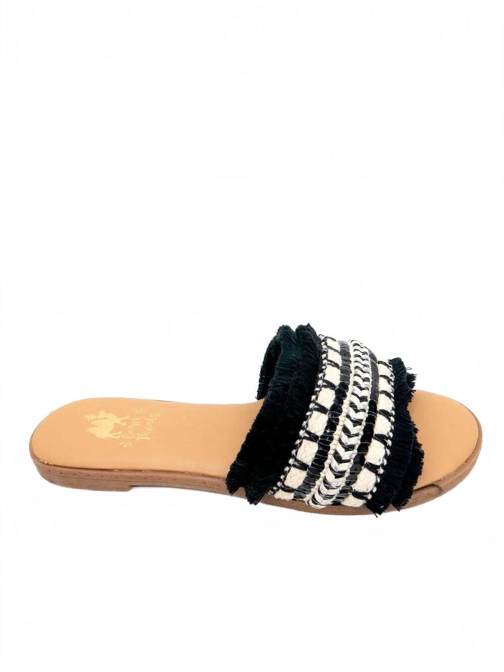 NEW CAMEL THREADS women's joy fringe slide sandal in black